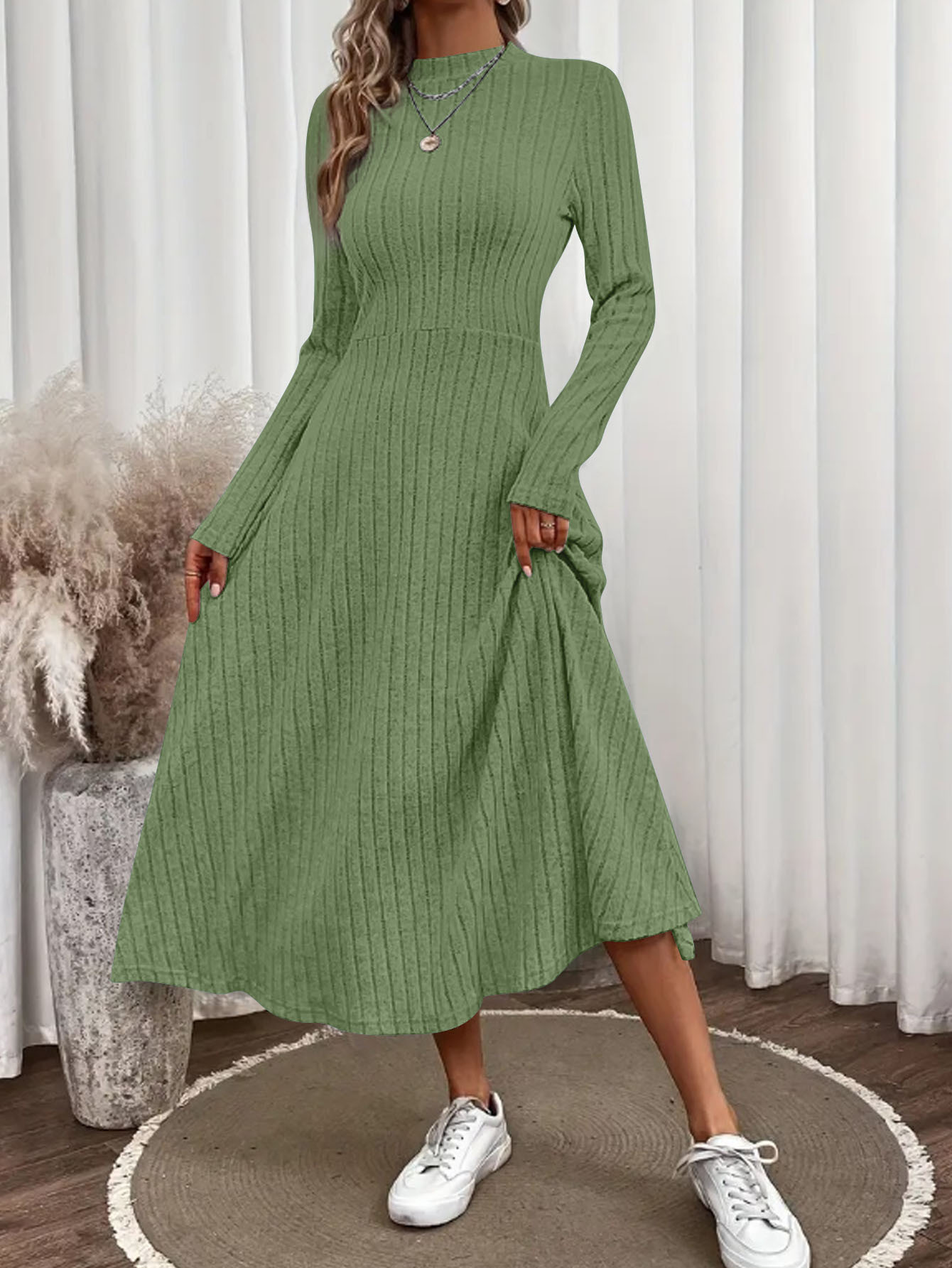 Women's Brushed Ribbed Knit Long Dress Solid Crew Neck A-Line