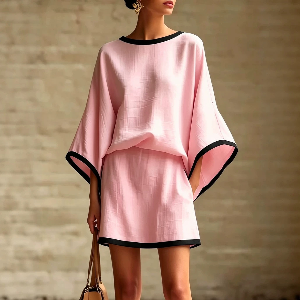 Women's Cotton-Linen Batwing Sleeve Top and Skirt Two-Piece Set