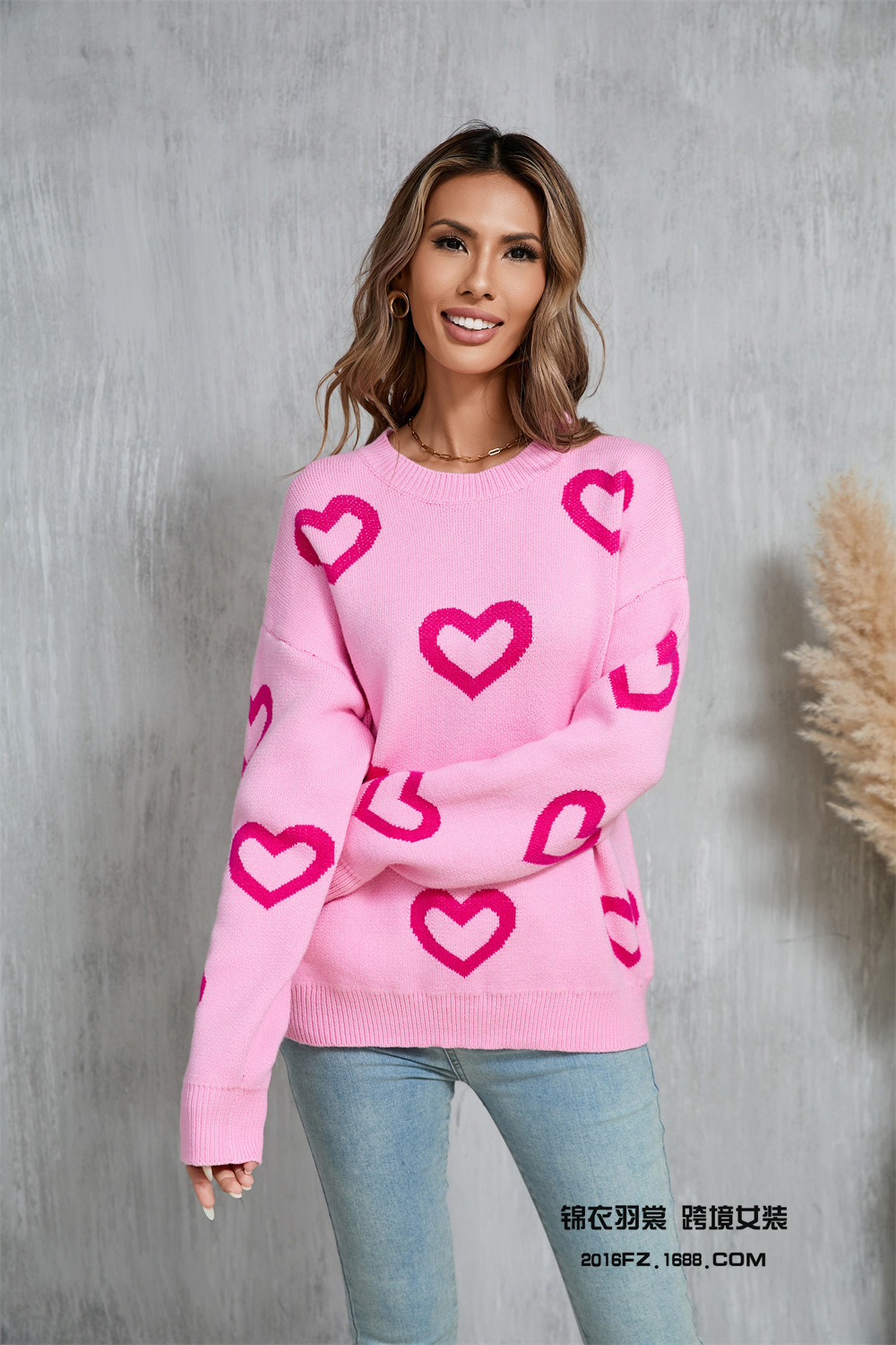 Heart Jacquard Crewneck Pullover Sweater