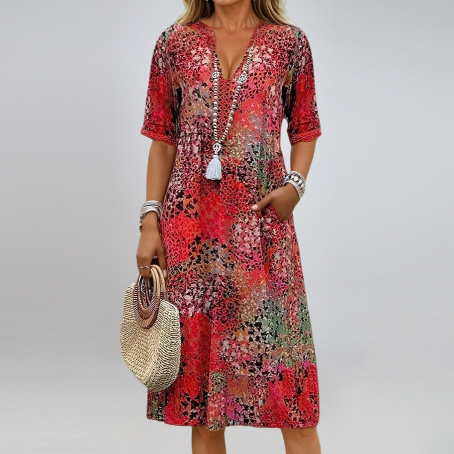 Women's Floral V-Neck Midi Dress with Pockets