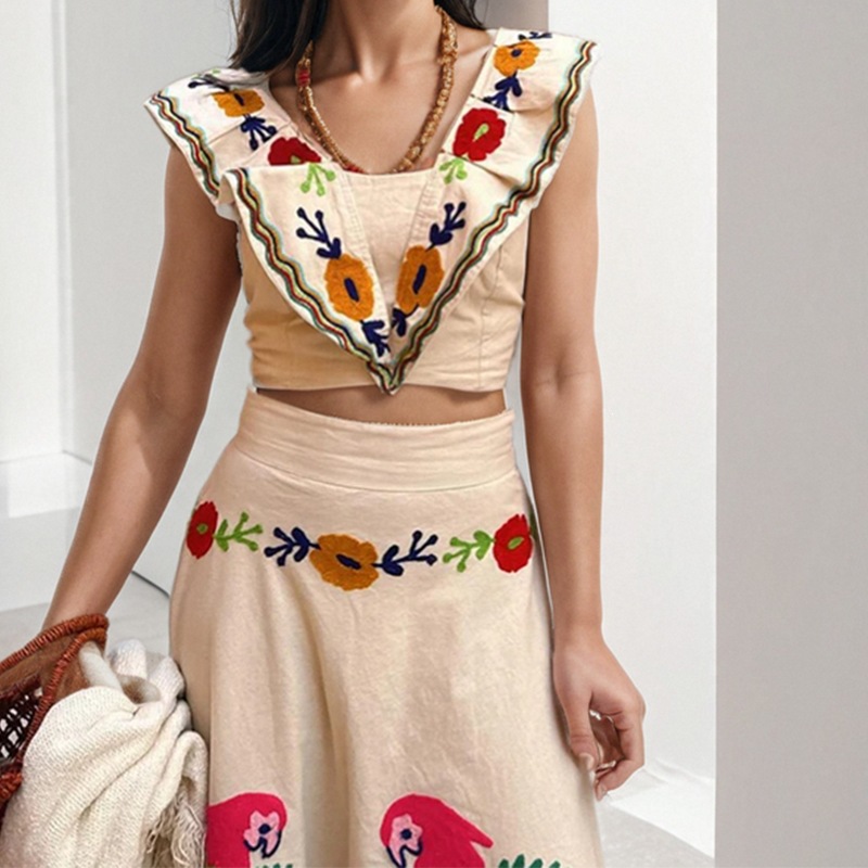 Women's Summer Floral Print Ruffle Top and Skirt Two-Piece Set