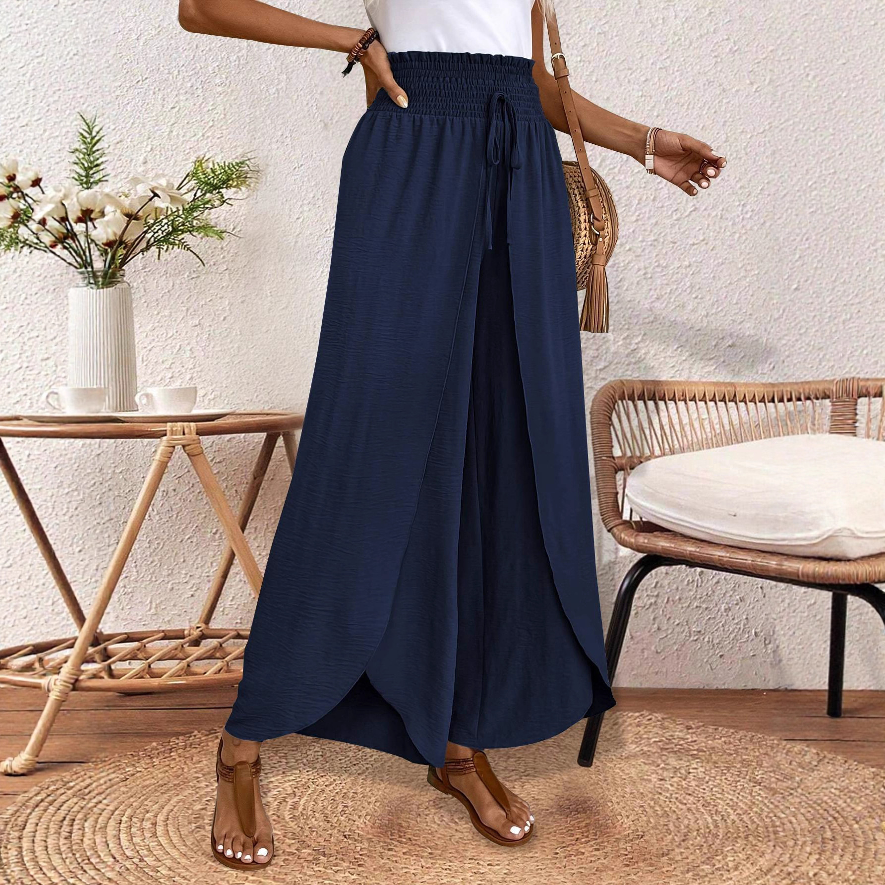 Women's Loose Solid Color Elastic Waist Irregular Wide-Leg Casual Pants