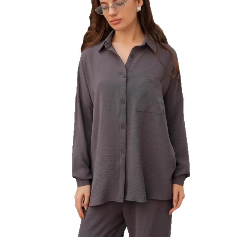 Women's Solid Color Collared Long Sleeve Shirt and High Waist Pants Set