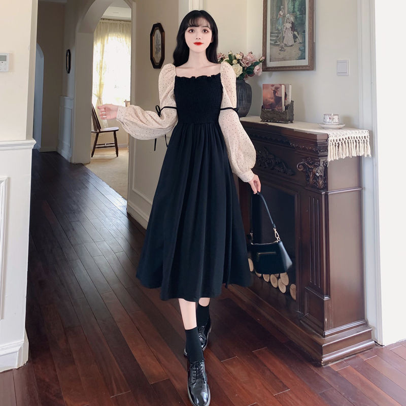 Plus Size Women's Waist-Cinching Midi Dress A-Line Square Neck Lantern Sleeve Colorblock