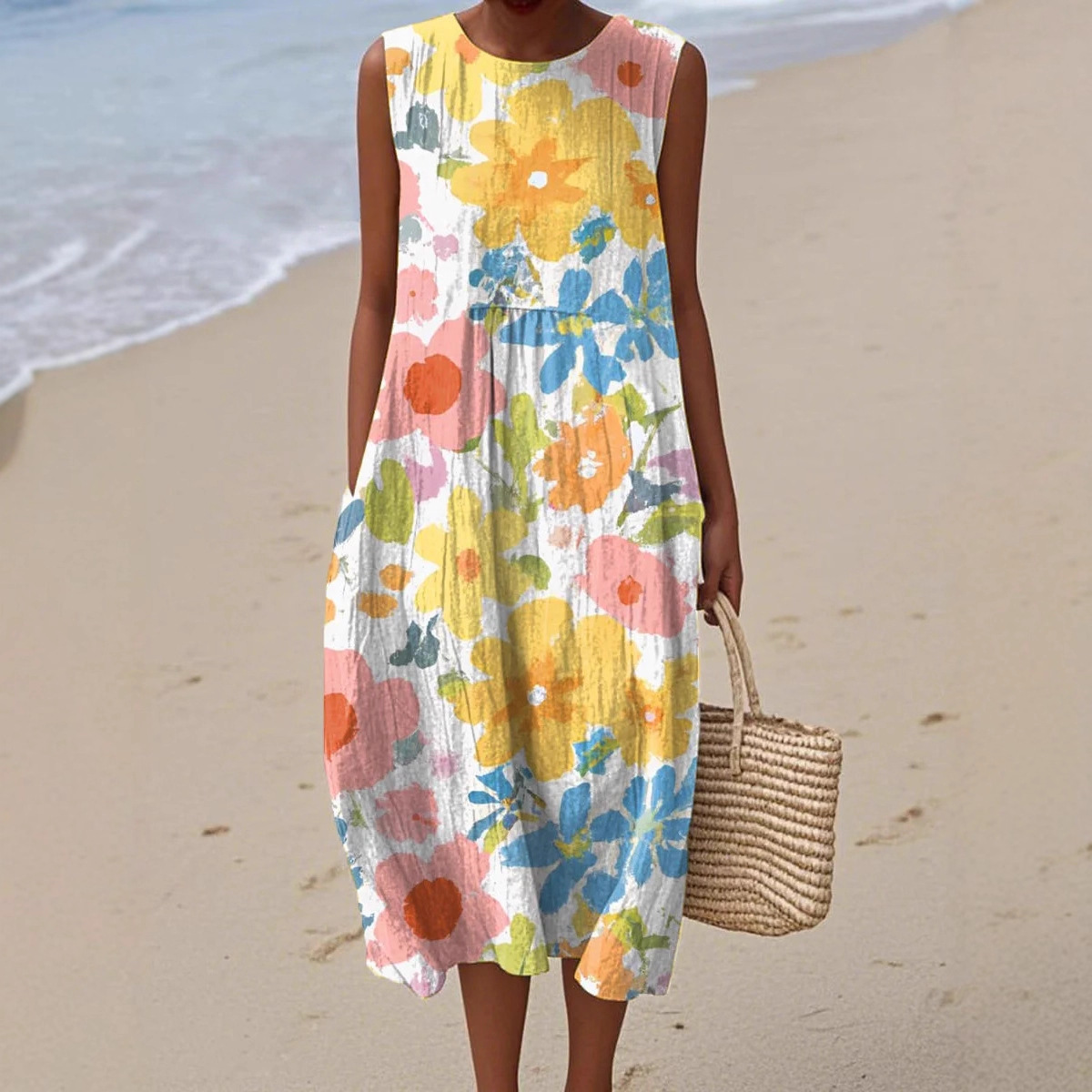 Women's Retro Multicolor Striped Floral Sleeveless Midi Dress