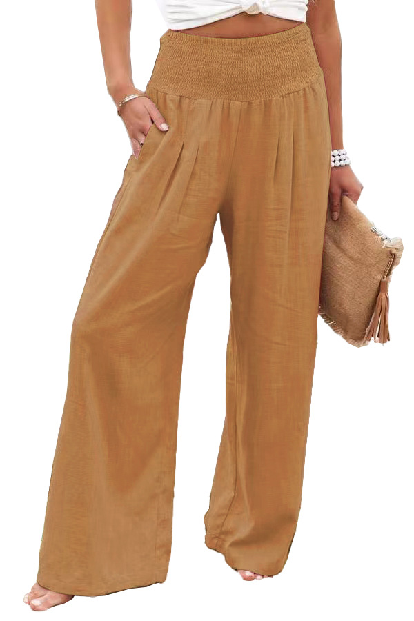 Women's Cotton Linen Wide-Leg Pants Smocked Mid-Rise Boho Casual