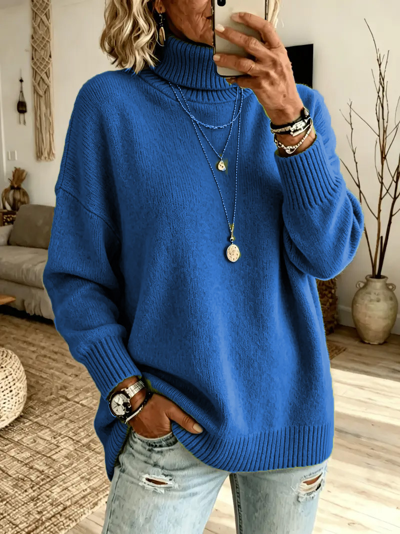Women's Lazy Pure Color Elegant Slit Loose Turtleneck Knit Sweater