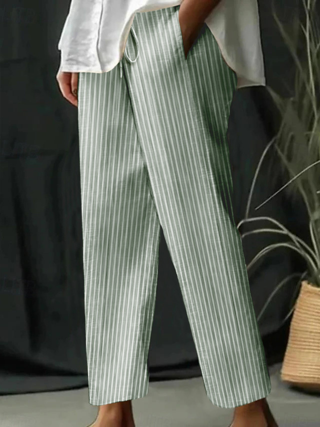 Striped & Solid Cotton-Linen Loose Casual Pants