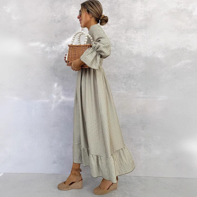 Puff Sleeve Plaid Long Dress