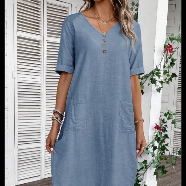 Women's V-Neck Loose Cotton Linen Midi Dress