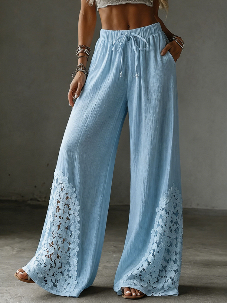 Women's Solid Lace Pocket Drawstring Wide-Leg Pants