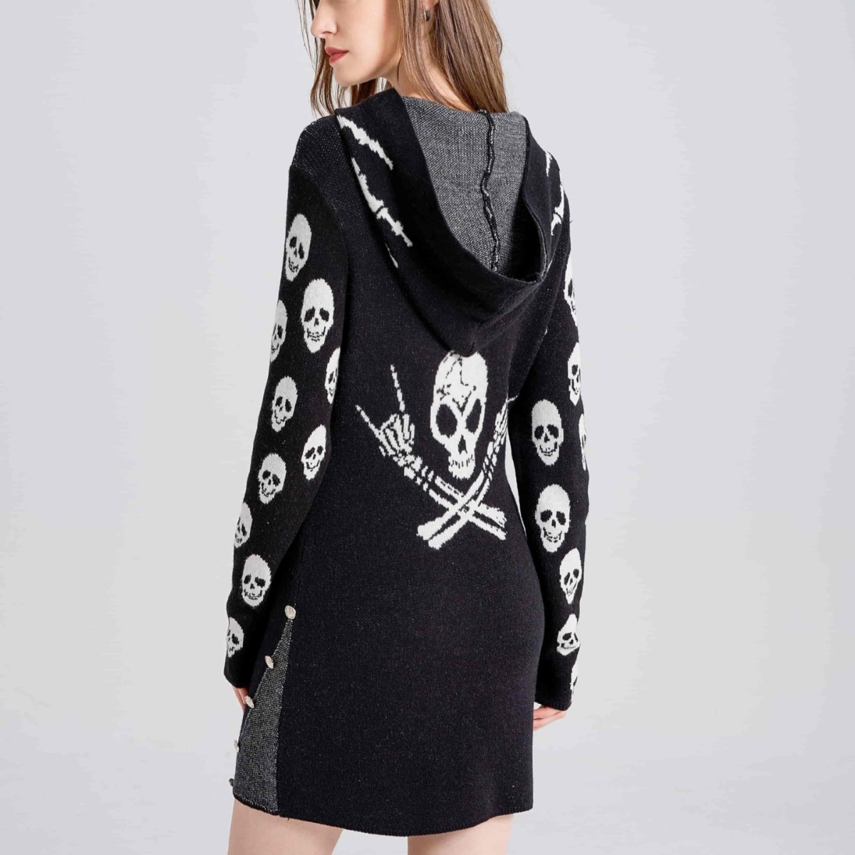 Gothic Hooded Knit Sweater Dress with Skull Pattern, Mid-Length