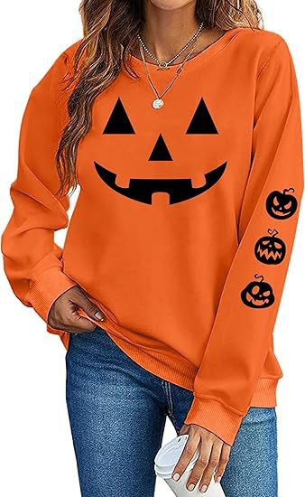 Women's Halloween Ghost Pumpkin Bat Print Crewneck Sweatshirt