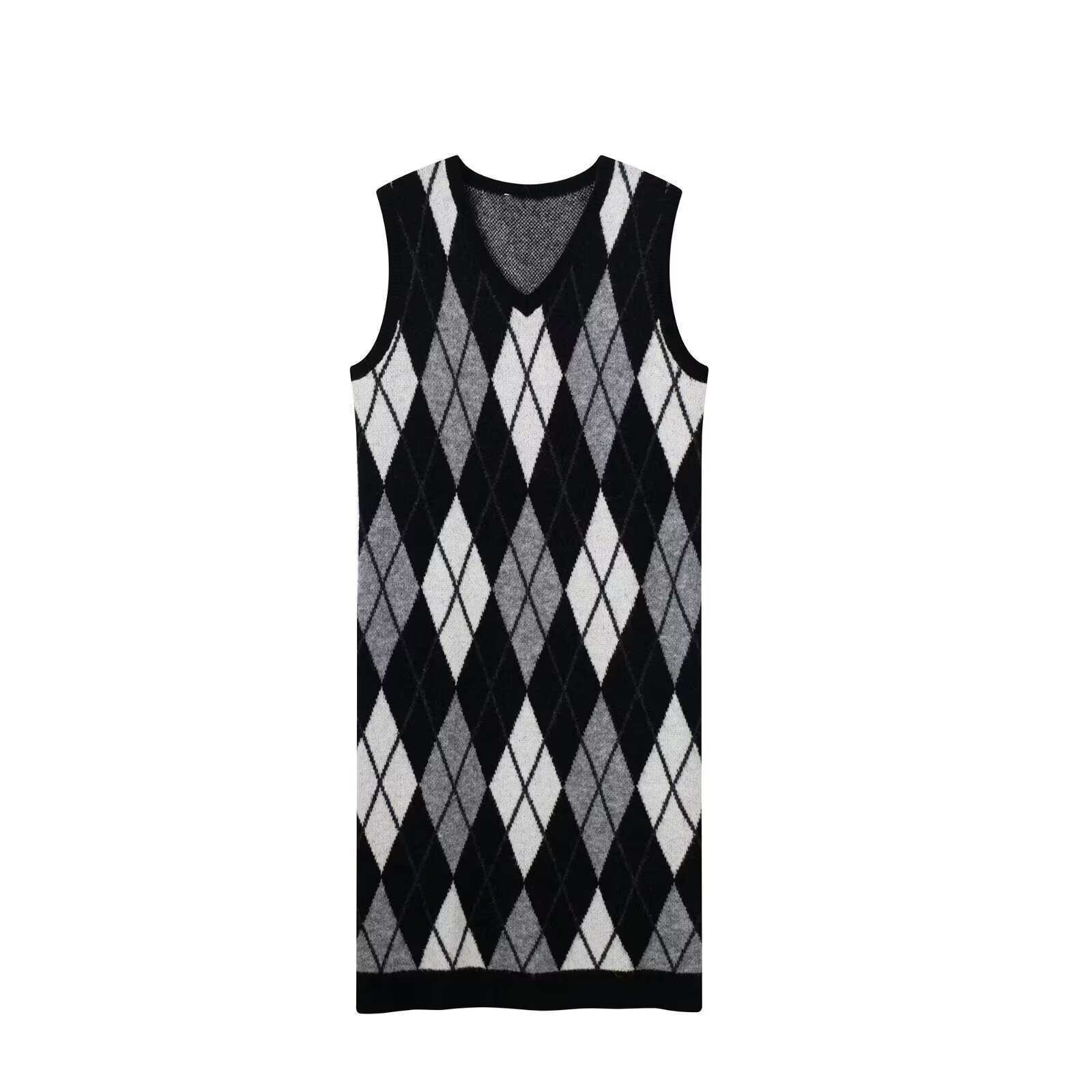 Women's Retro Argyle V-Neck Sleeveless Knit Dress