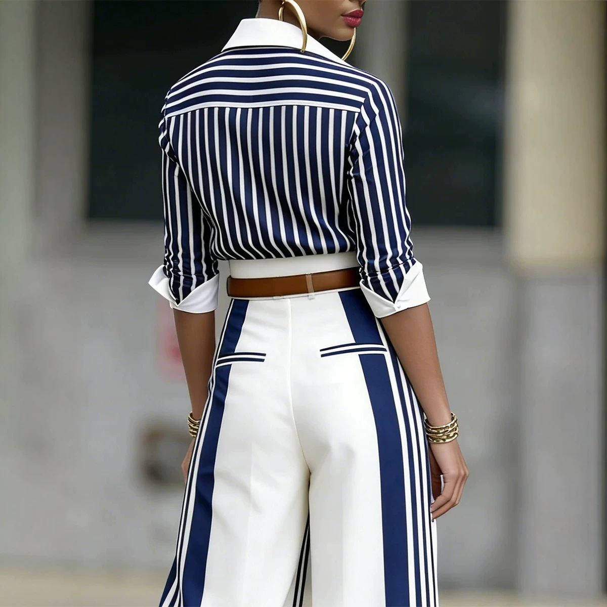 Women's Striped Shirt and Pants Two-Piece Set with Belt