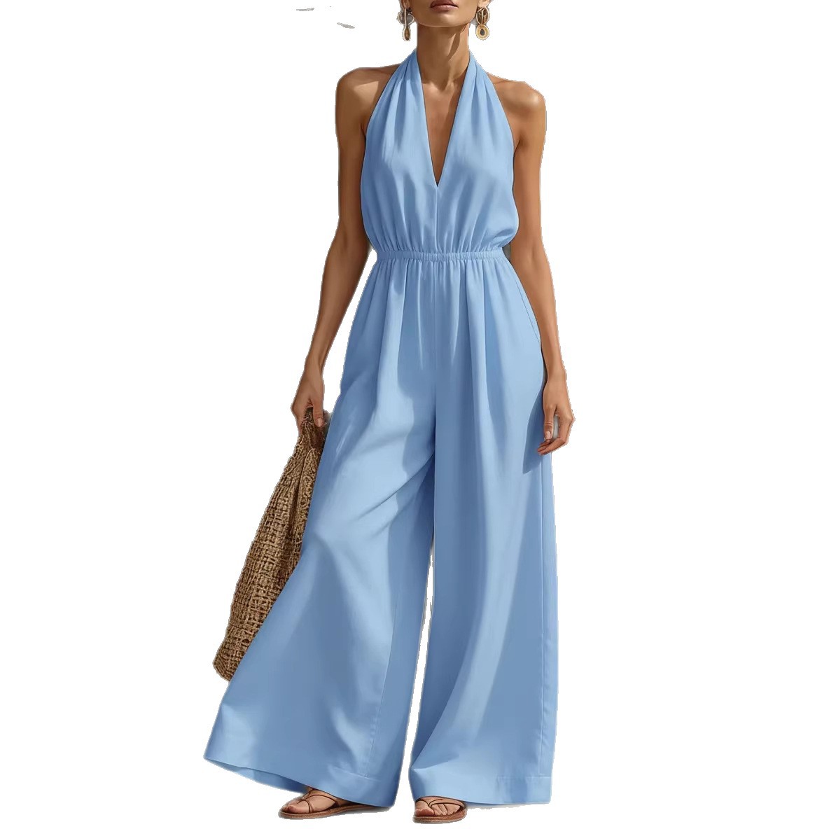 Women's V-Neck Halter Wide-Leg Jumpsuit Solid Color Sleeveless