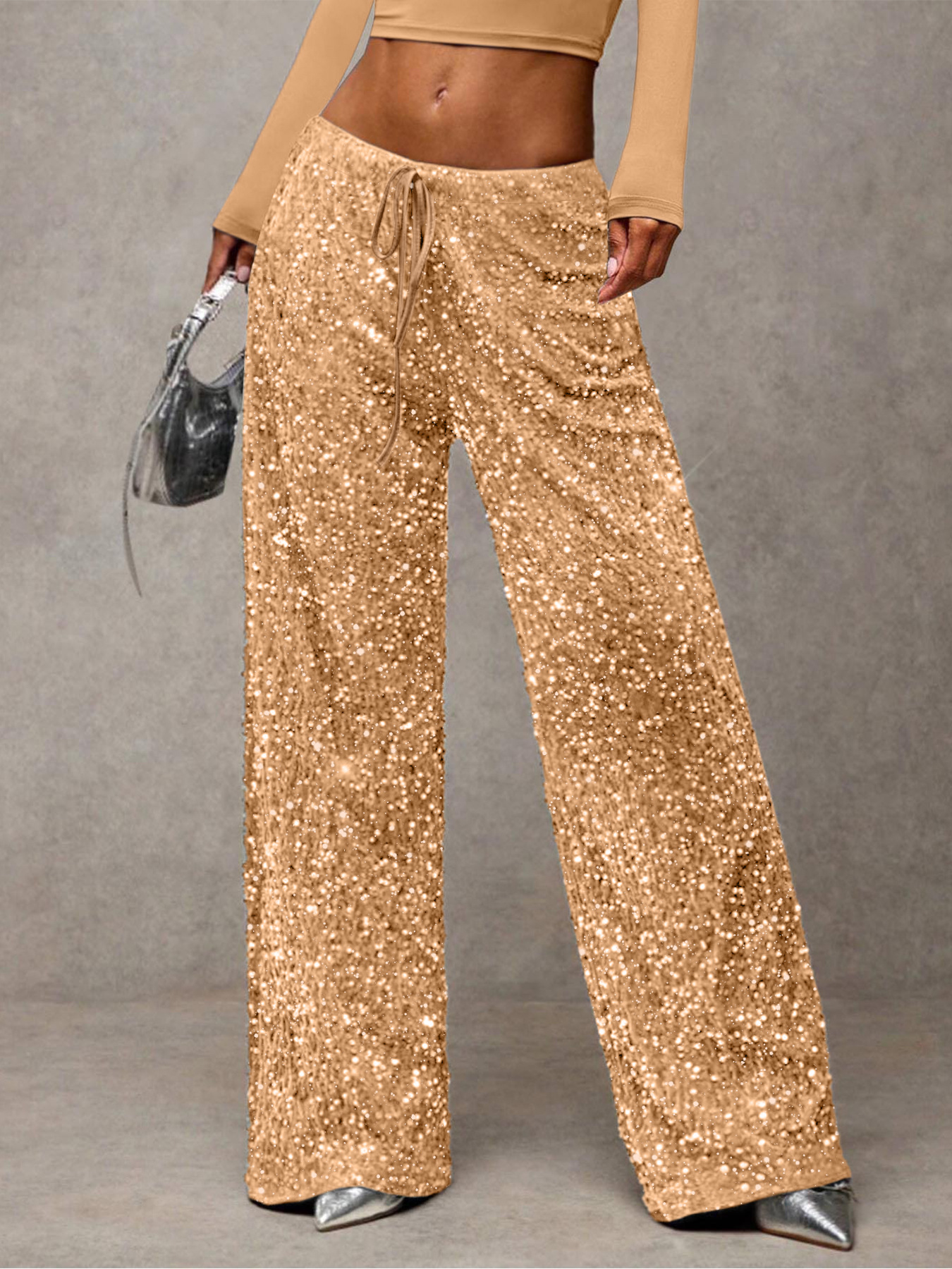 Sequin Drawstring Straight Leg Pants Stretch Slimming Women's