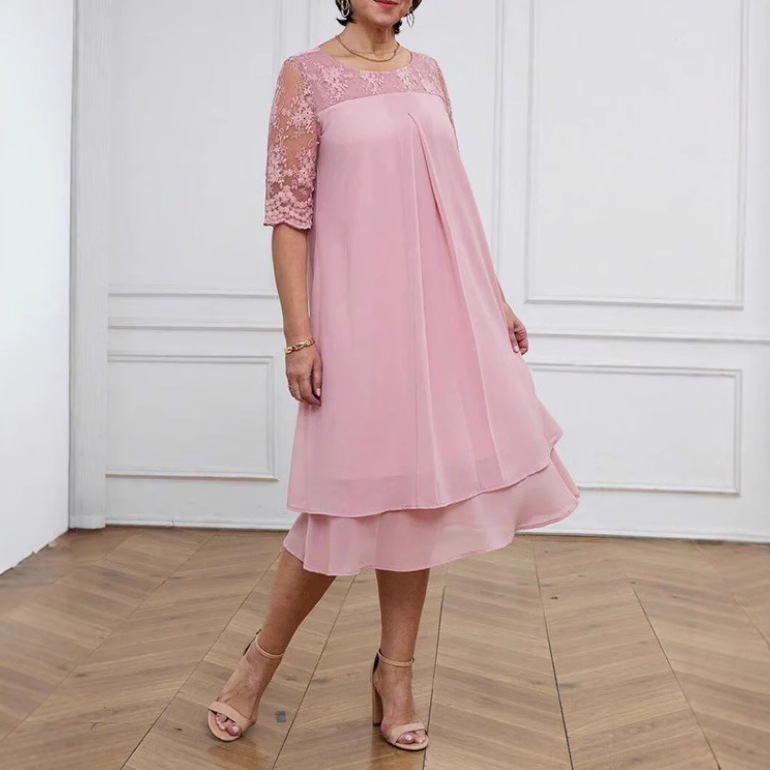 Elegant Solid Lace Half-Sleeve Round-Neck Midi Dress