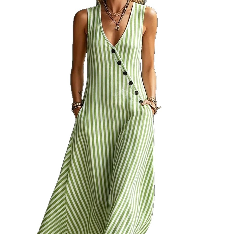 V-Neck Button-Front Striped Sleeveless Maxi Dress