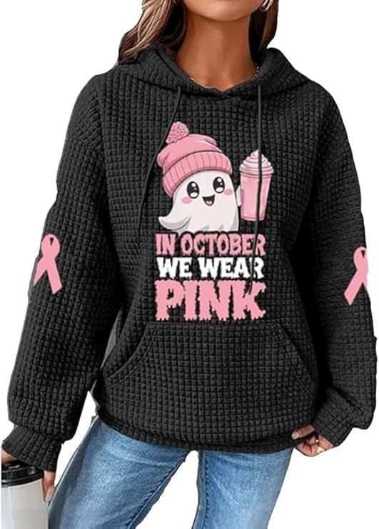 Women's Waffle Knit Hoodie with Cute Cartoon Ghost Print