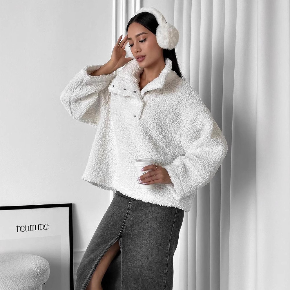Faux Shearling Solid Color Pullover Hoodie with Scarf Neck
