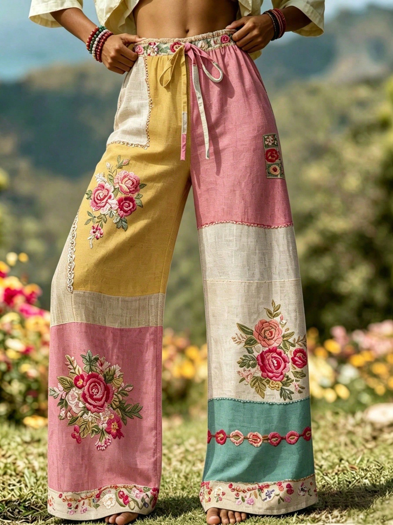 Bohemian Floral Print Wide-Leg Pants with Elastic Waist