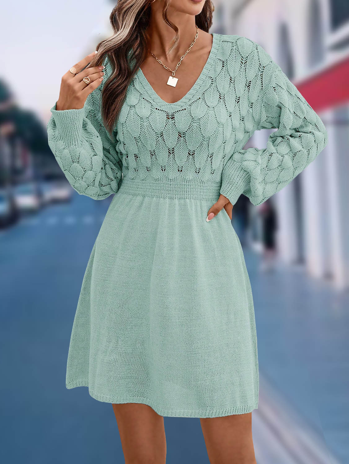 Scale-Pattern 3D Crochet V-Neck A-Line Long-Sleeve Beach Dress