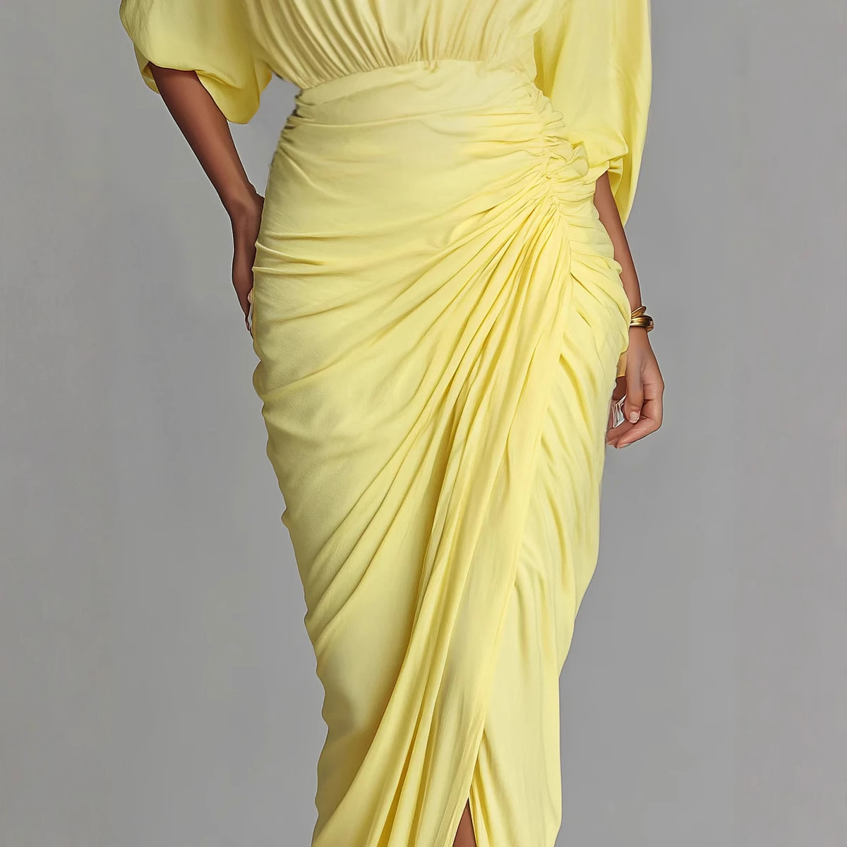 Yellow Ruched High Neck Long Dress