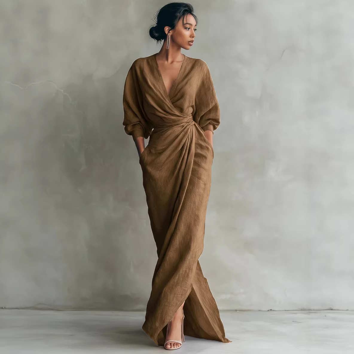 Solid V-Neck Long Sleeve Maxi Dress with Belt
