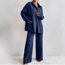 Women's Pleated Long Pants Long Sleeve Lapel Elegant Set