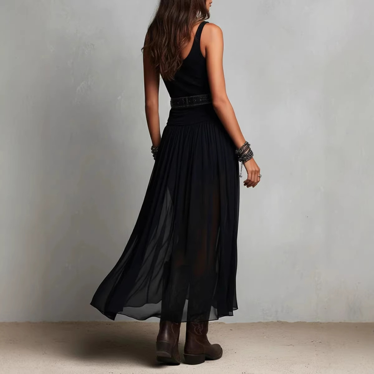 Black Mesh Sling Long Dress with Vintage Pleated Design