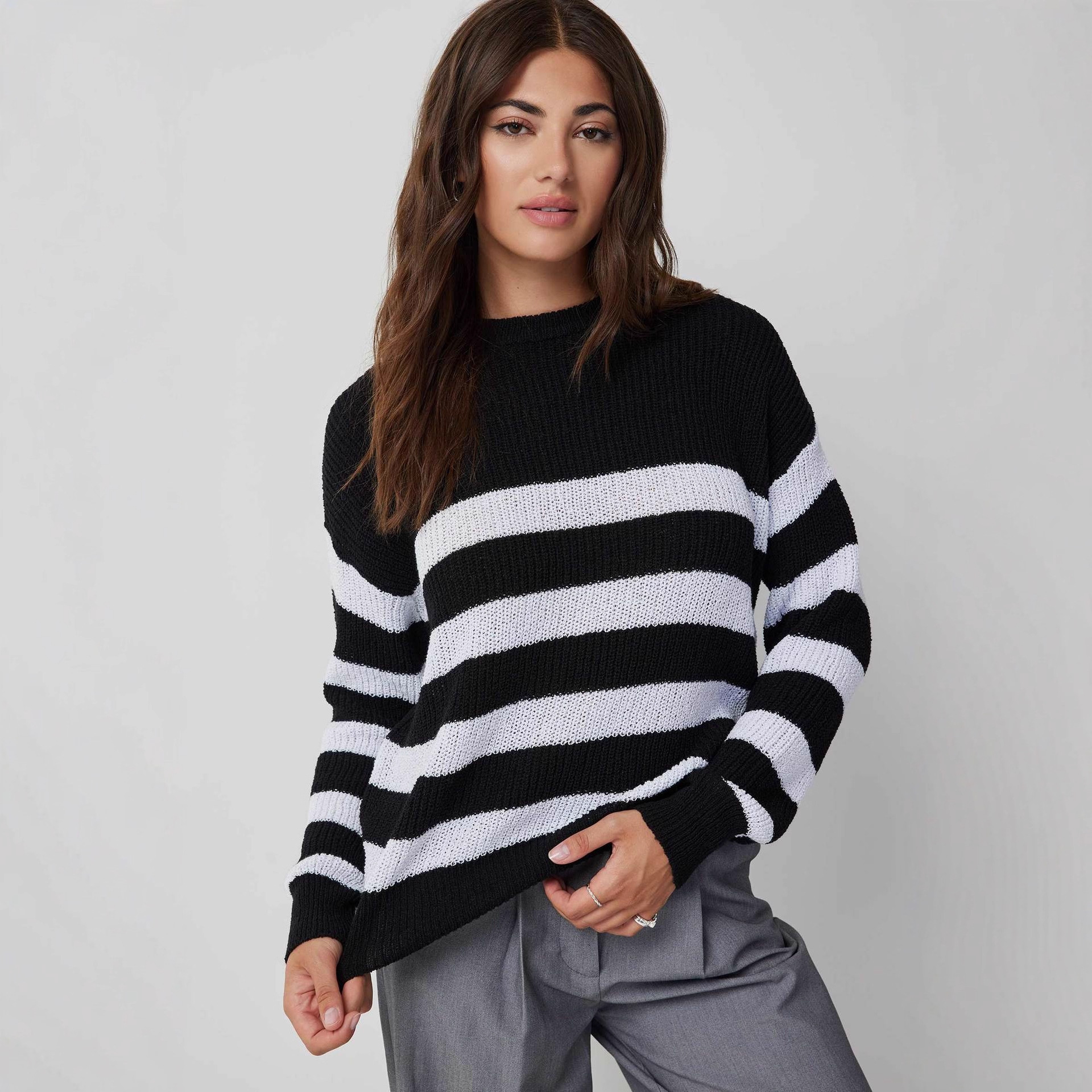 Women's Striped Crewneck Drop-Shoulder Oversized Lightweight Pullover