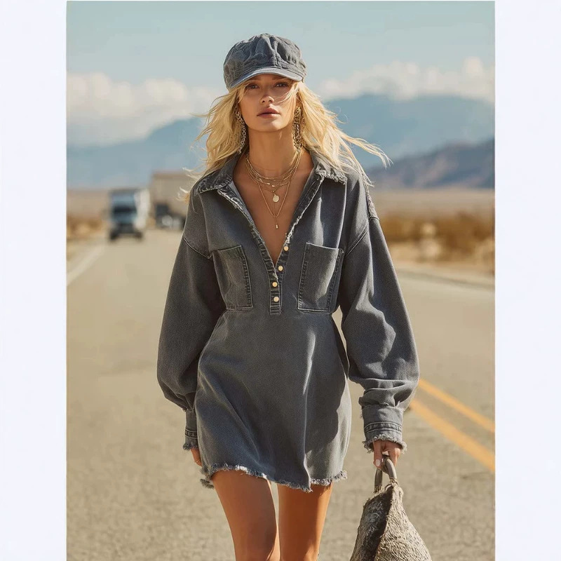 Gray Denim Mini Skirt with Collar and Button-Front, High-Waisted