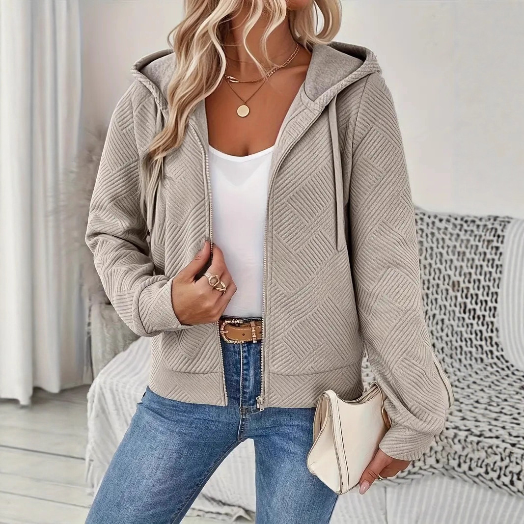 Jacquard Zip-Up Hooded Jacket for Women