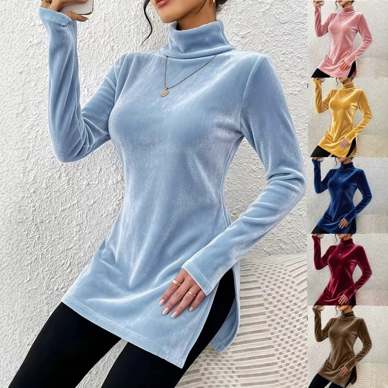 Women's Velvet High Neck Split Slim Fit Pullover Top