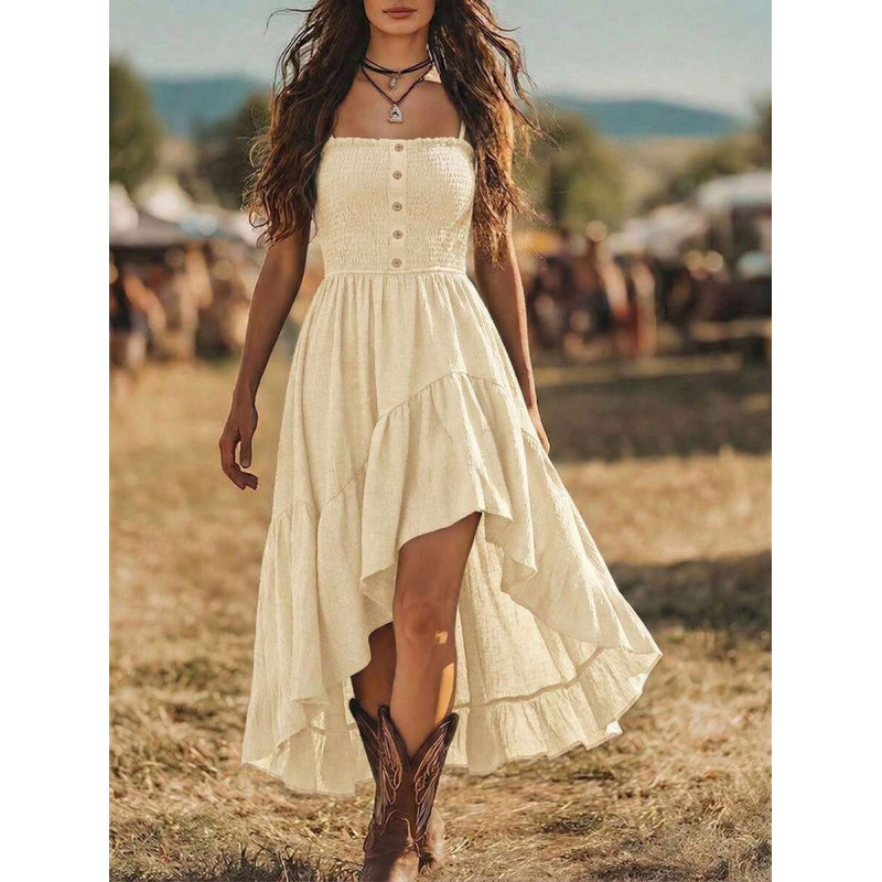 Bohemian Smocked Waist Midi Dress Sleeveless A-Line