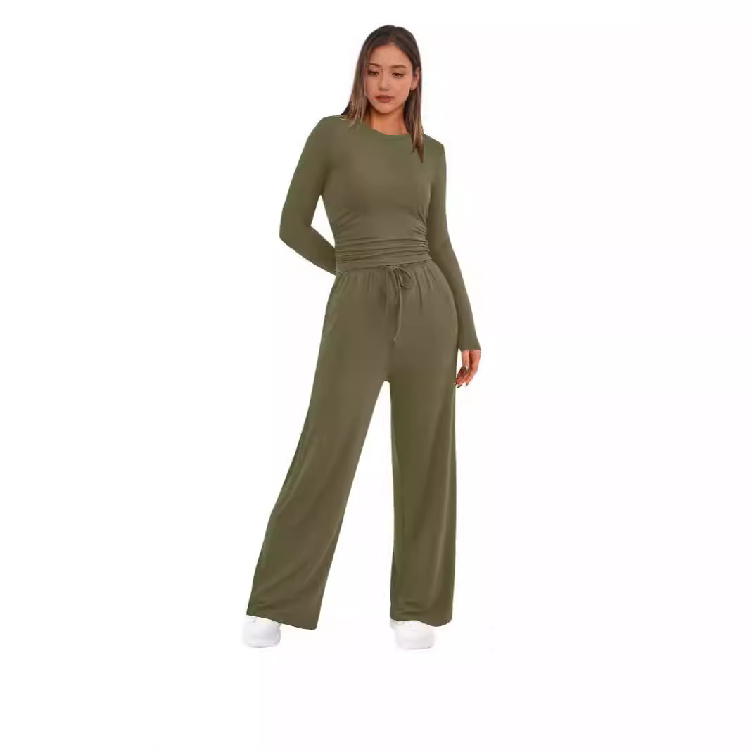 Solid Color Ruched Waist Long Sleeve Top and Pants Set