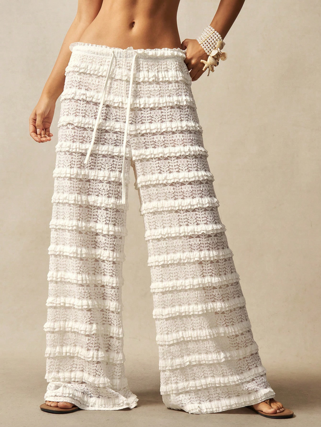 Women's Solid Lace Jacquard Hollow-Out Drawstring Wide-Leg Pants