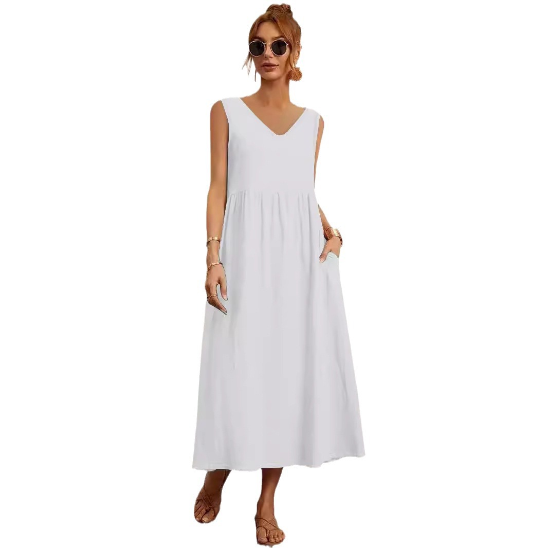 Women's Solid Sleeveless V-Neck Pocket Loose A-Line Dress