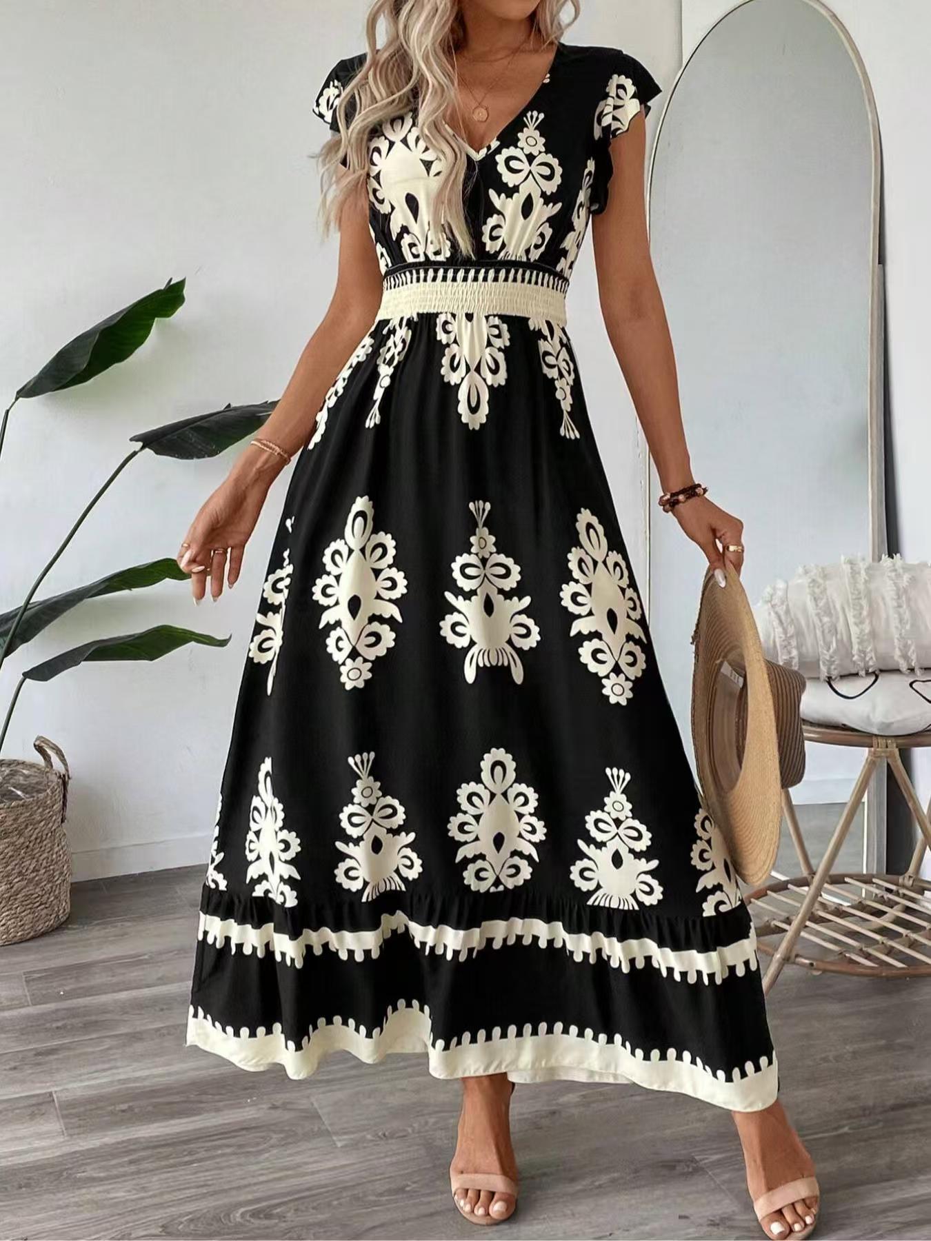 Women's Floral Print V-Neck Midi Dress with Waist Tie