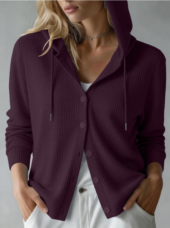 Waffle Knit Hooded Button-Front Cardigan