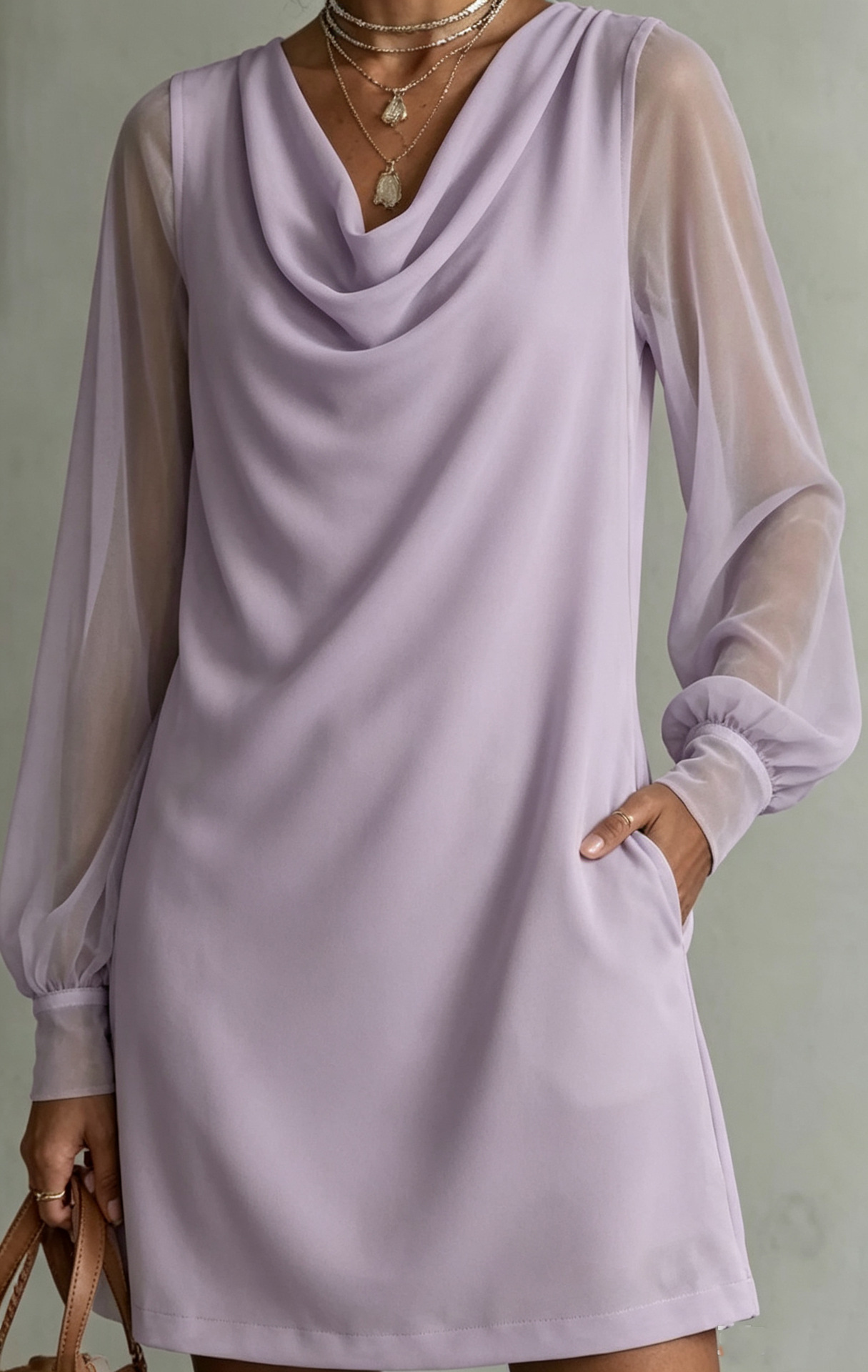 Women's Cowl Neck Sheer Mesh Long Sleeve Dress with Pockets