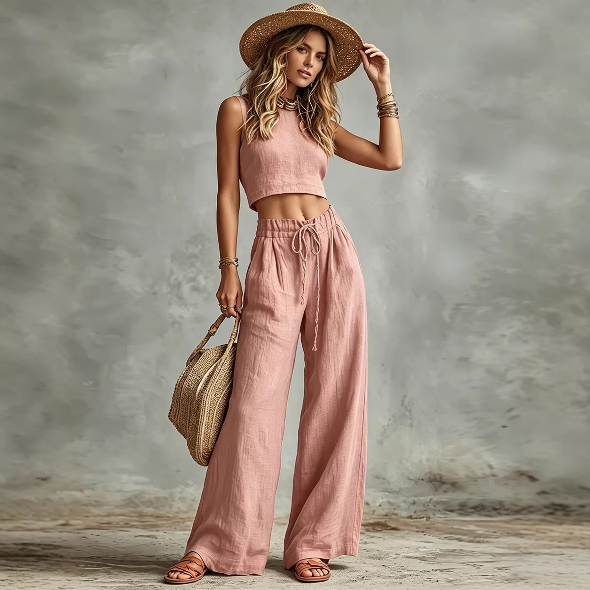 Sleeveless Tank Top & Drawstring High-Waist Wide-Leg Pants Two-Piece Set