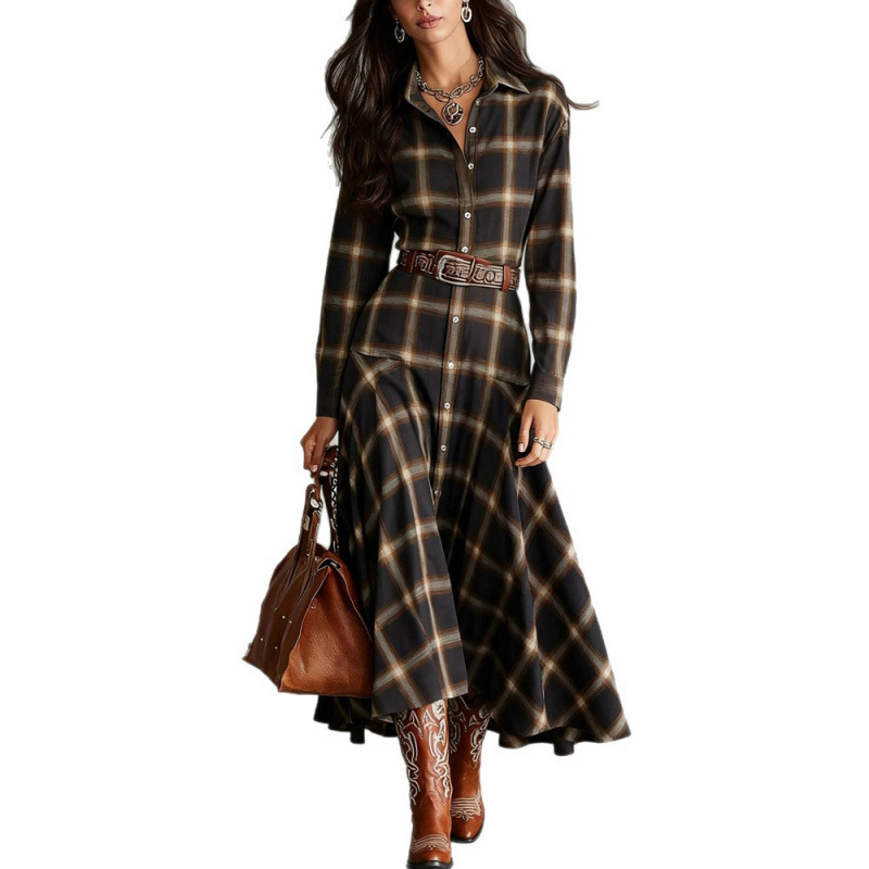 Women's Retro Plaid Long Sleeve Shirt Dress