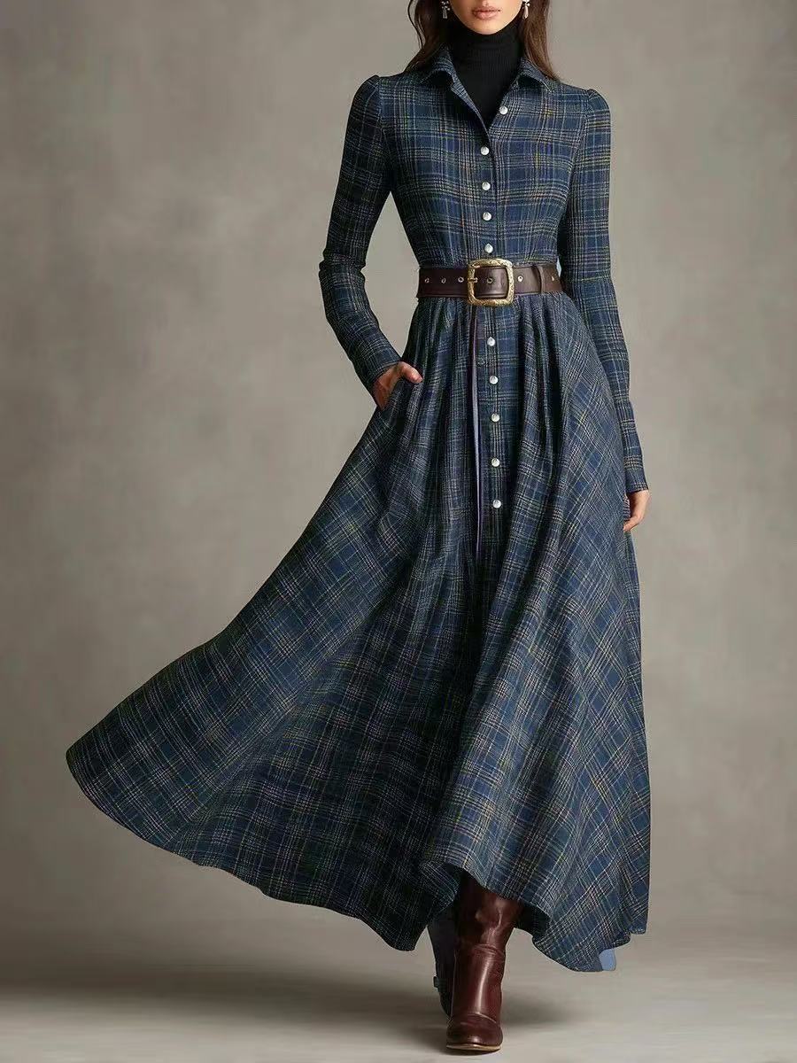 Plaid Collared Button-Front Shirt Dress with Pockets and Elastic Waist