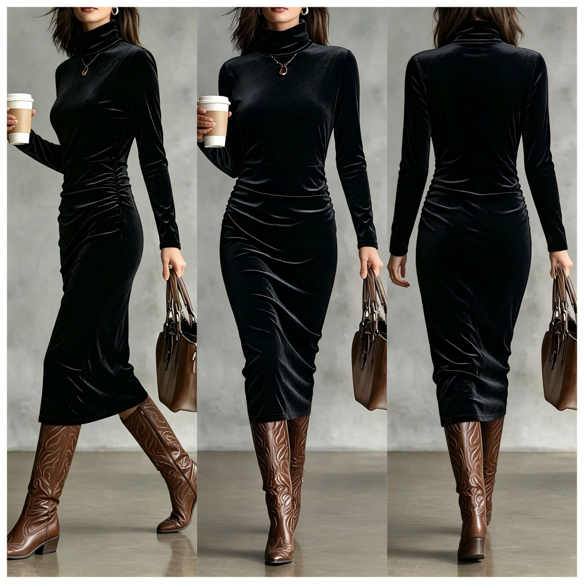 Elegant Western-Style Slim-Fit Long-Sleeve Ruched Velvet Dress