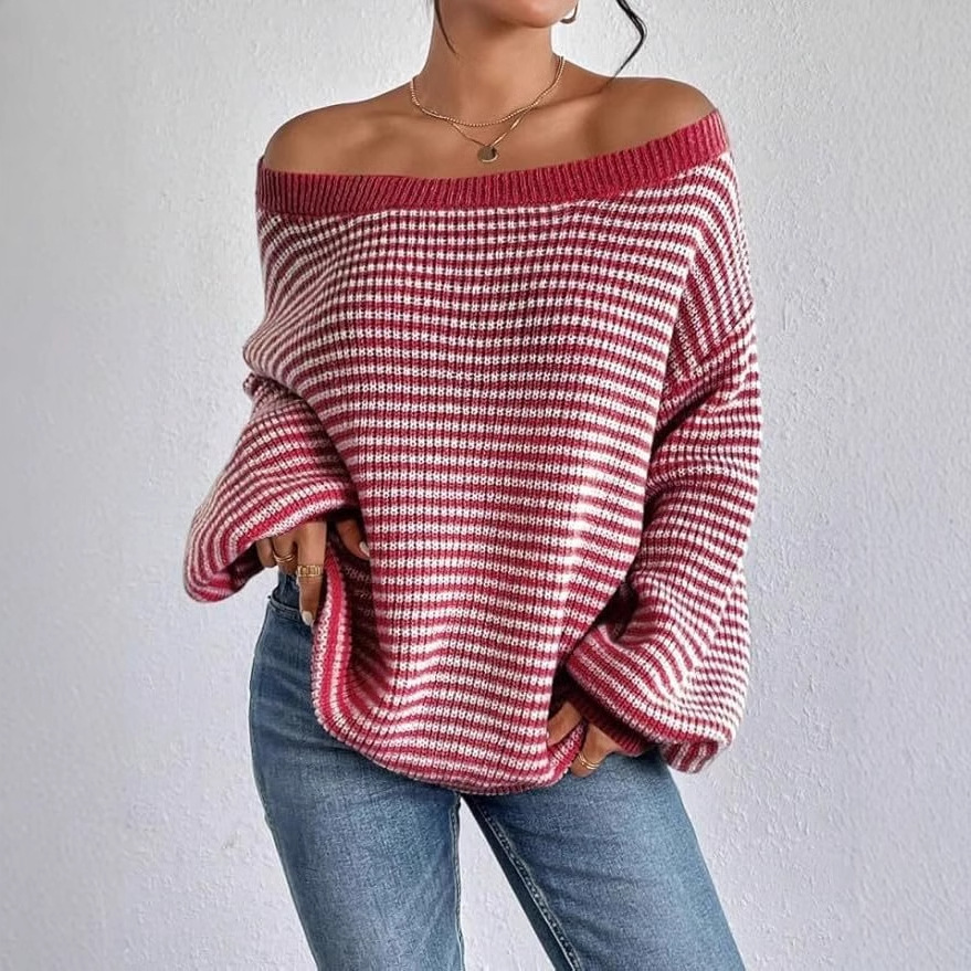 Striped One-Shoulder Lantern Sleeve Sweater