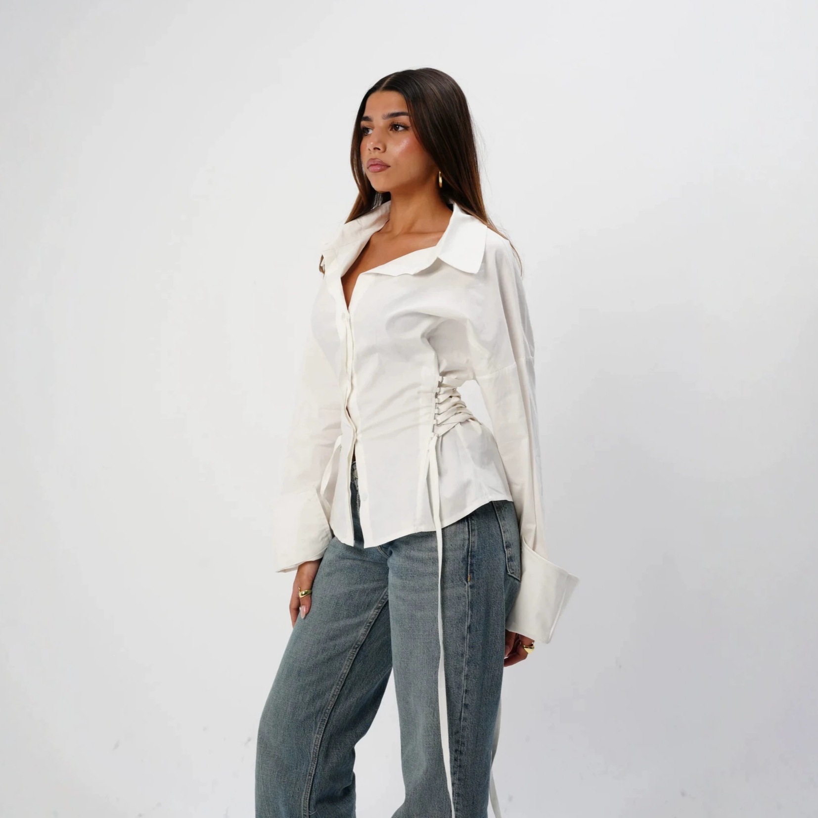 Women's Spring Summer Casual Button-Up Shirt with Side Waist Tie