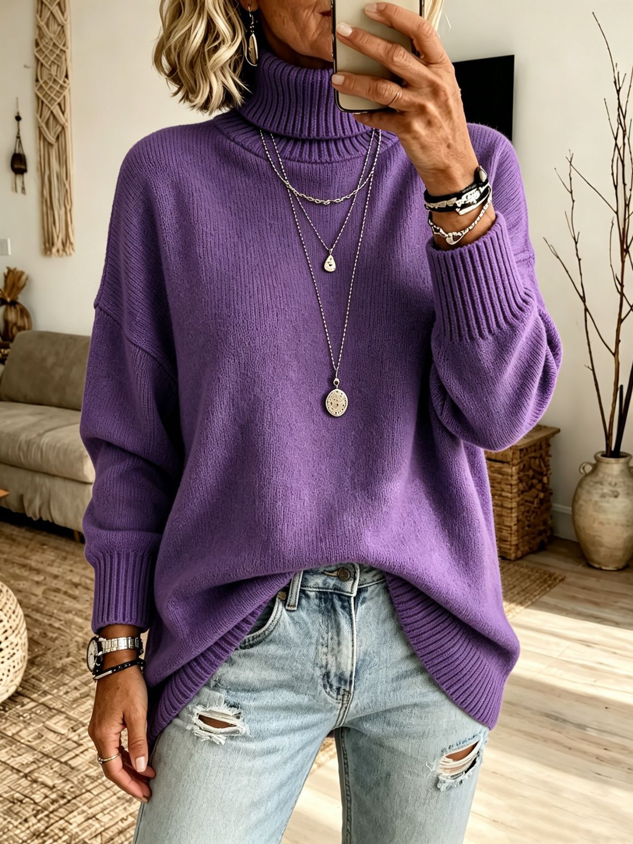 Women's Turtleneck Sweater Loose Knit Pullover Soft Thickened Base Layer