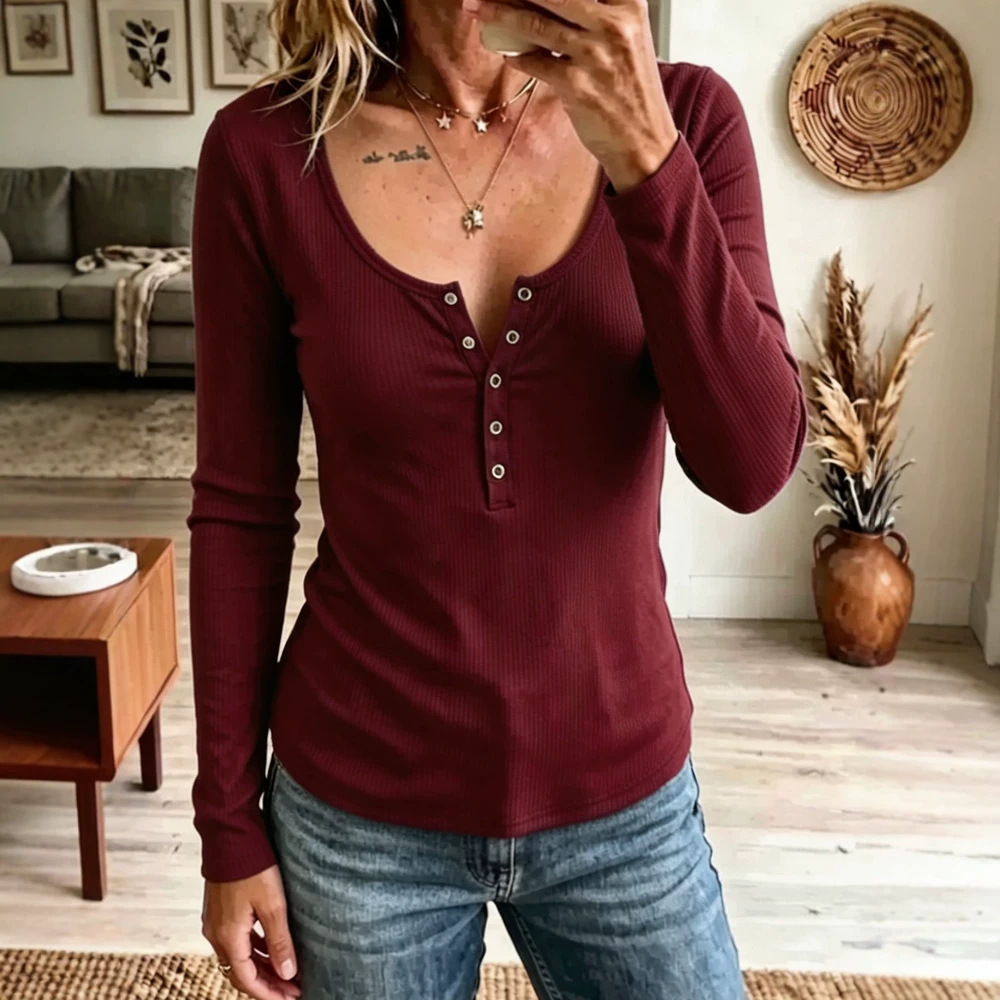 Solid Color Long Sleeve V-Neck Buttoned Slim Fit Ribbed Knit Top